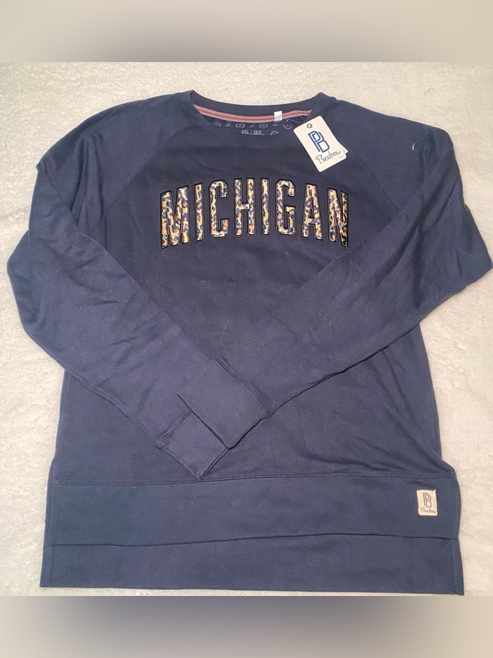 Pressbox Navy Crewneck Sweatshirt with Leopard Michigan Applique
